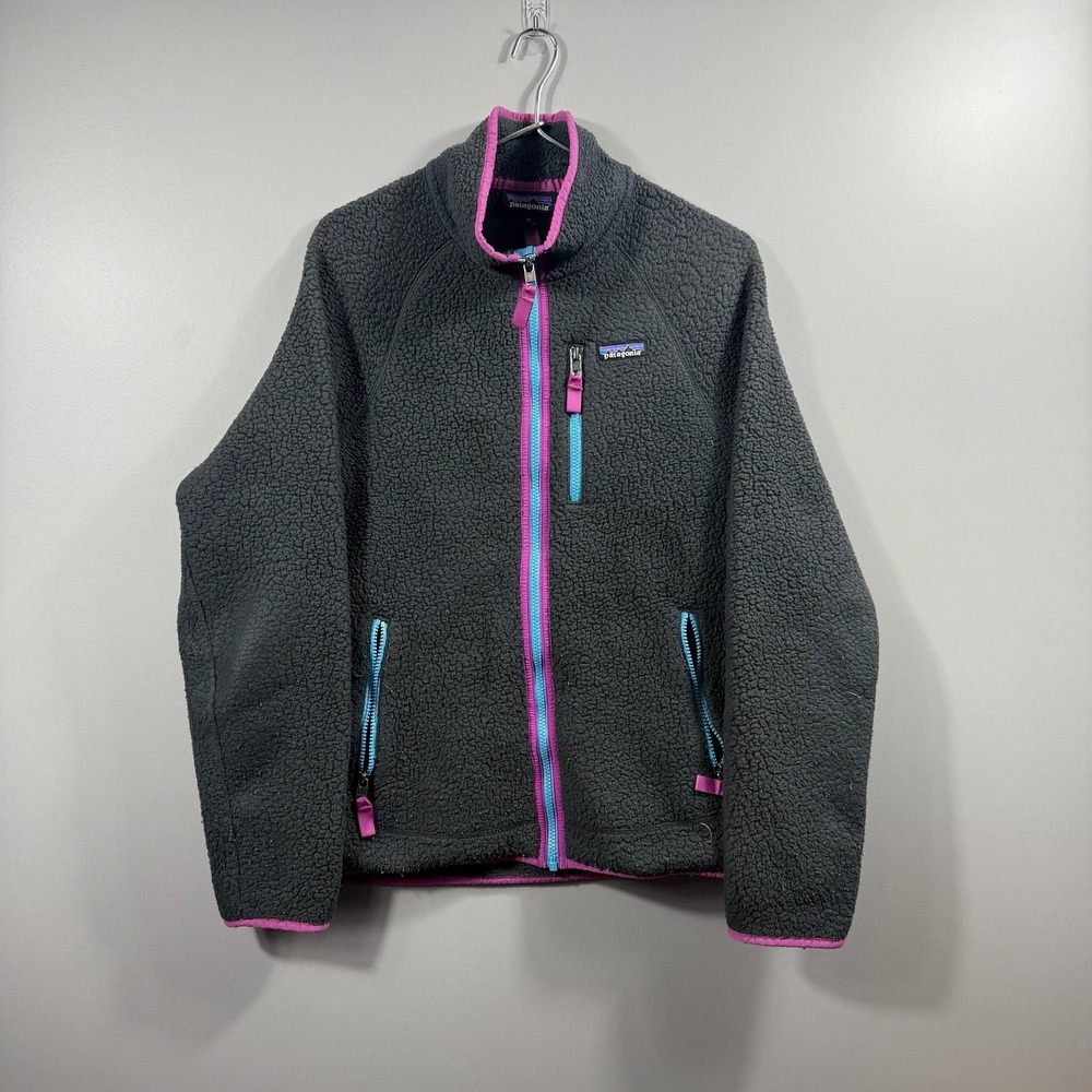 Patagonia Jacket Womens Medium Gray Fleece Full Zip Pink Trim Pockets Outdoor